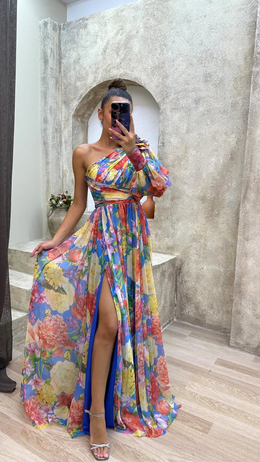 Floral Chiffon One Shoulder Puff Sleeve High Split Maxi Dress 5