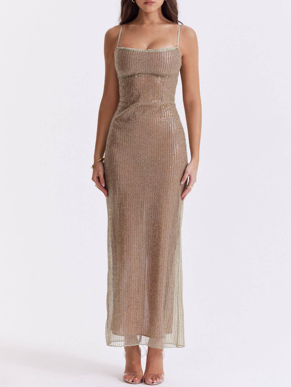 Beaded Mesh Square Neck Spaghetti Strap High Split Bodycon Maxi Gown - View 3