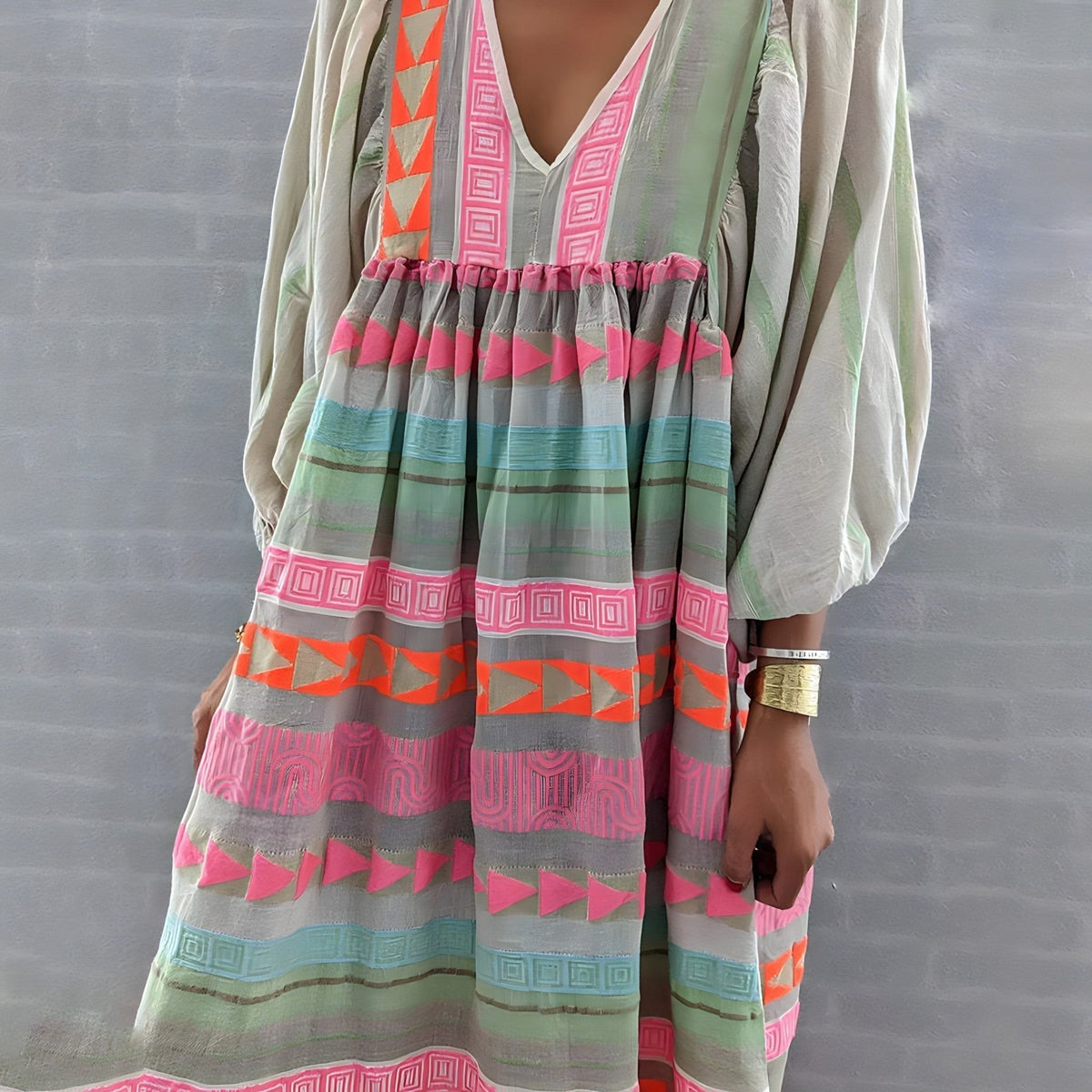 Deep V-Neck Puff Sleeve Embroidered Stripe Tiered Midi Dress - View 3