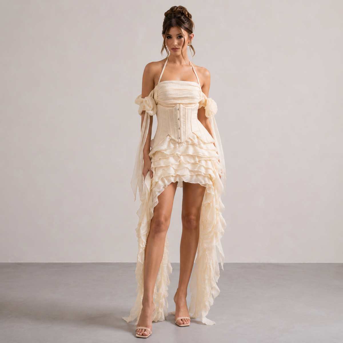 Halter Neck Off Shoulder Corset Ruffle High Low Maxi Dress 13