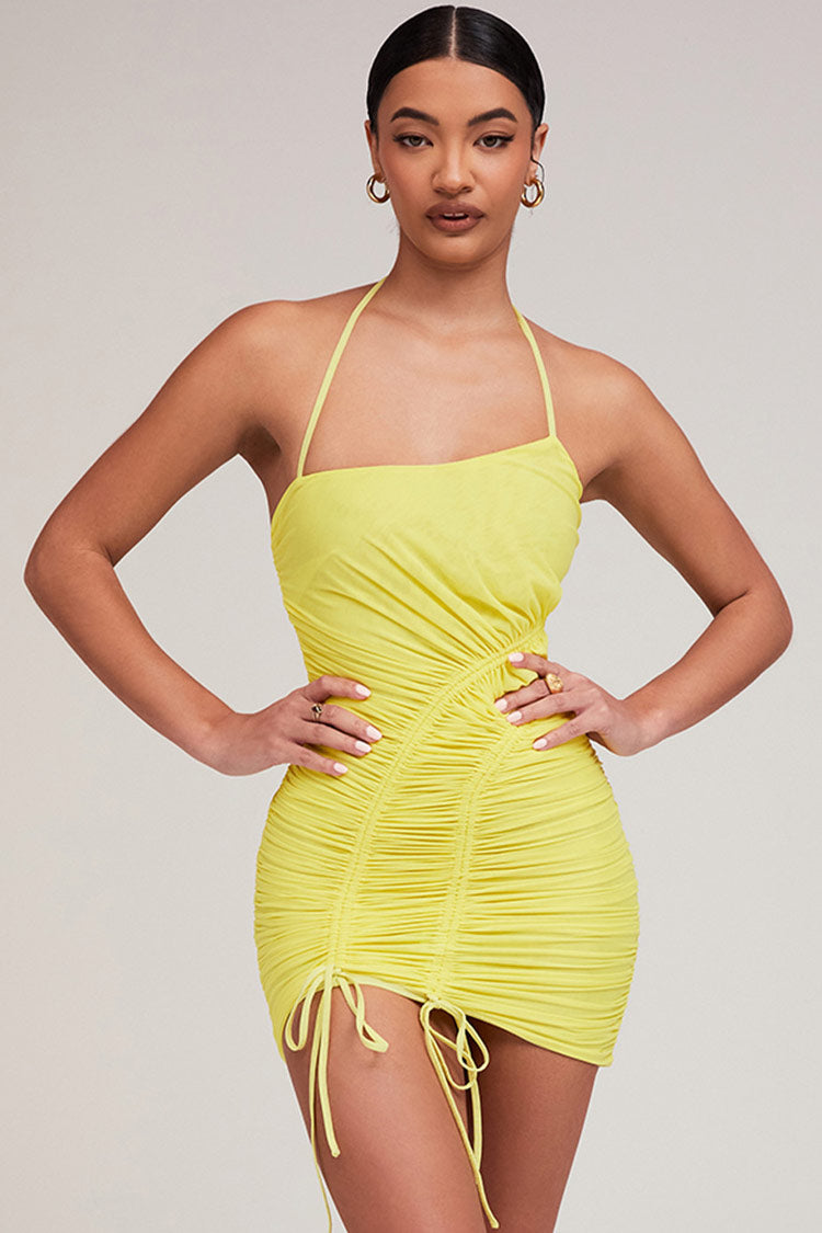 Mesh Drawstring Ruched Bodycon Mini Dress