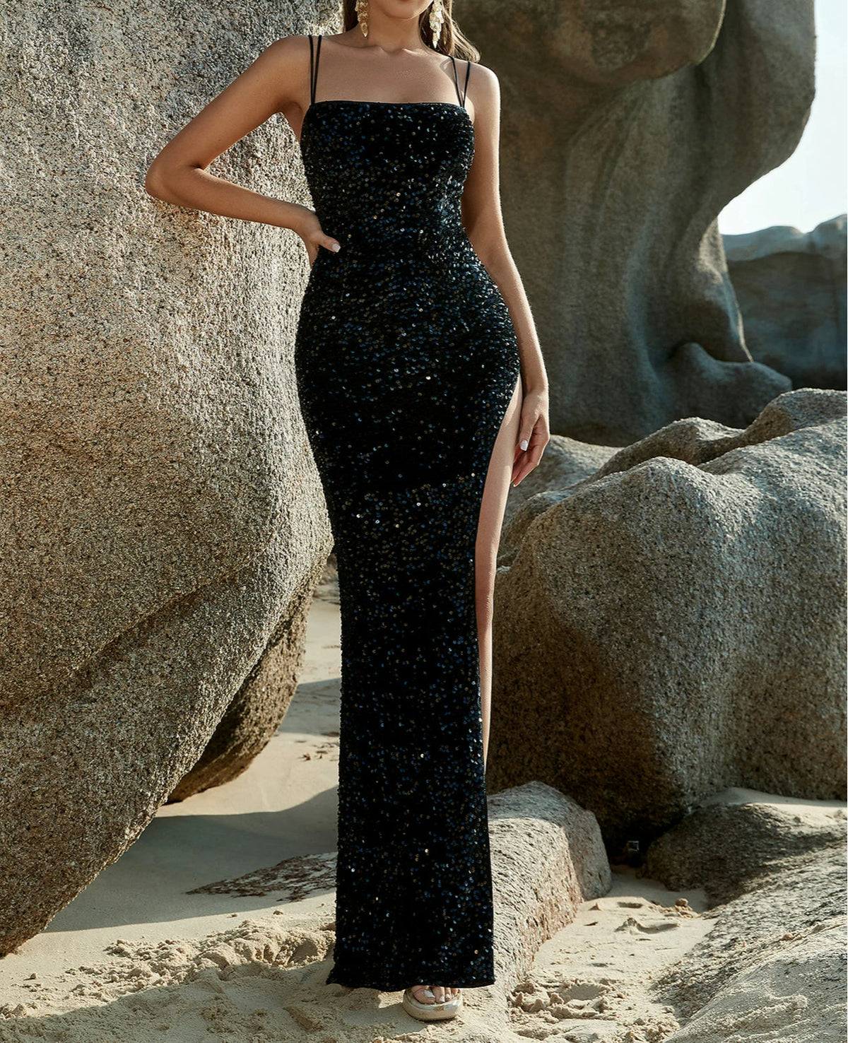 Sequin Spaghetti Strap High Split Bodycon Maxi Gown 2