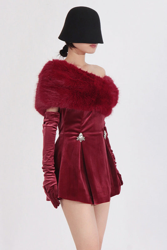Velvet Off Shoulder Faux Fur Collar Rhinestone Pleated Mini Dress - View 2