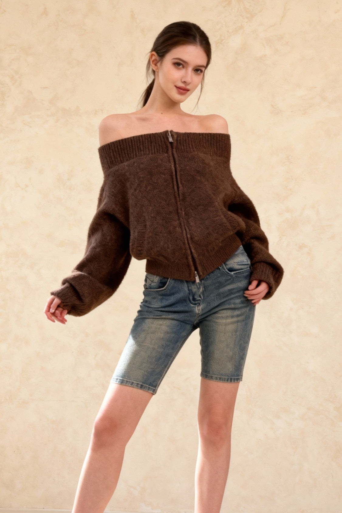 Retro Zip Off-Shoulder Slim-Fit One-Size Knit Cardigan