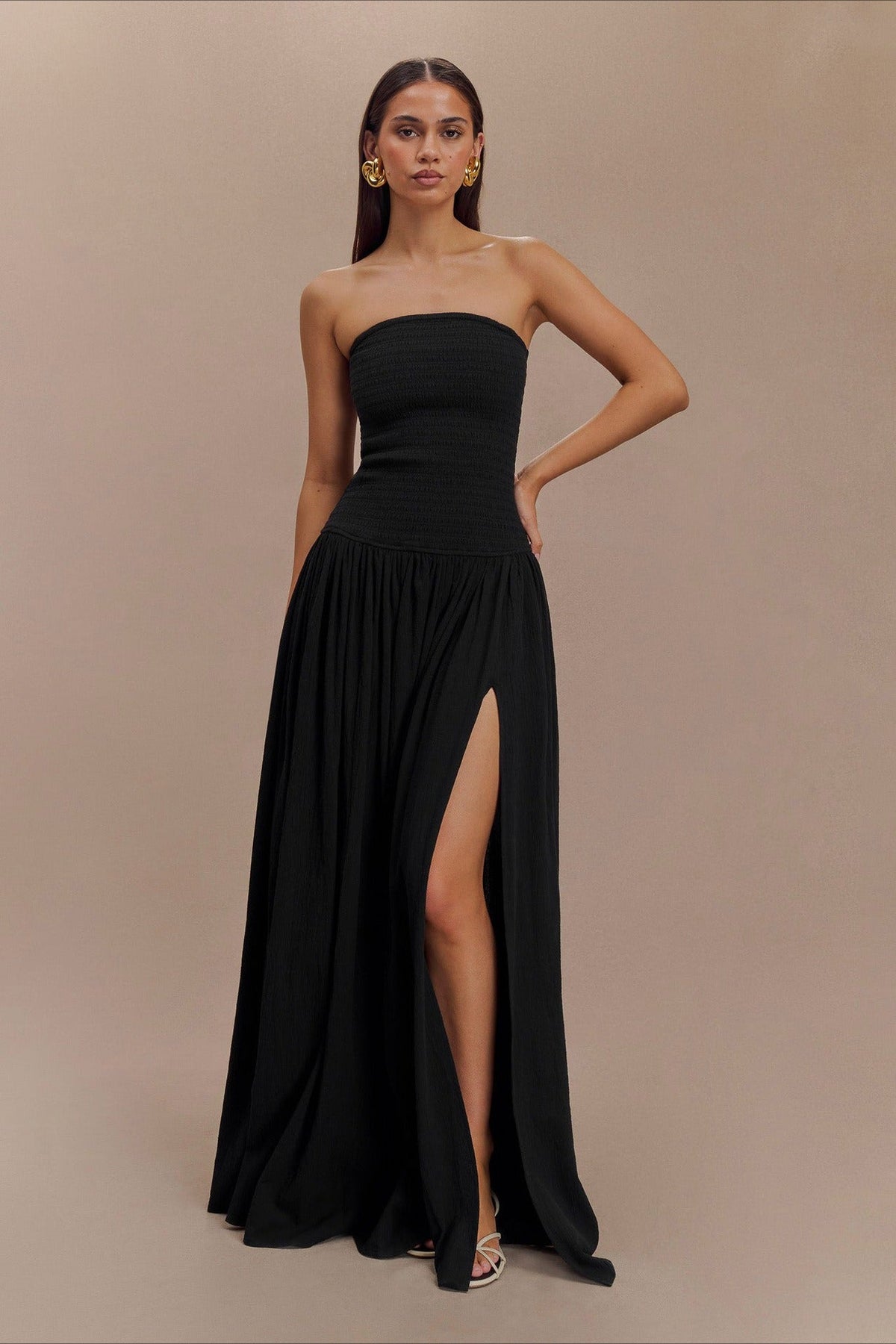 Strapless Ruched High Split Flowy Maxi Prom Dress - View 12
