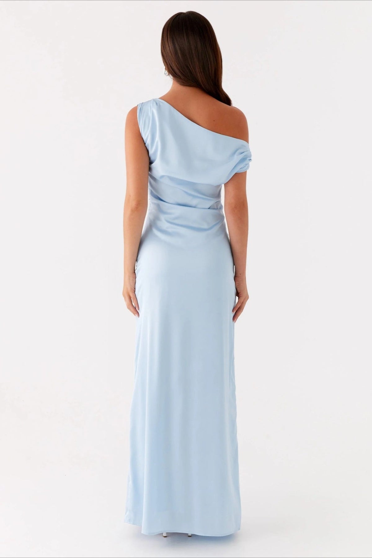 Satin Asymmetric One Shoulder Ruched Maxi Gown - View 4