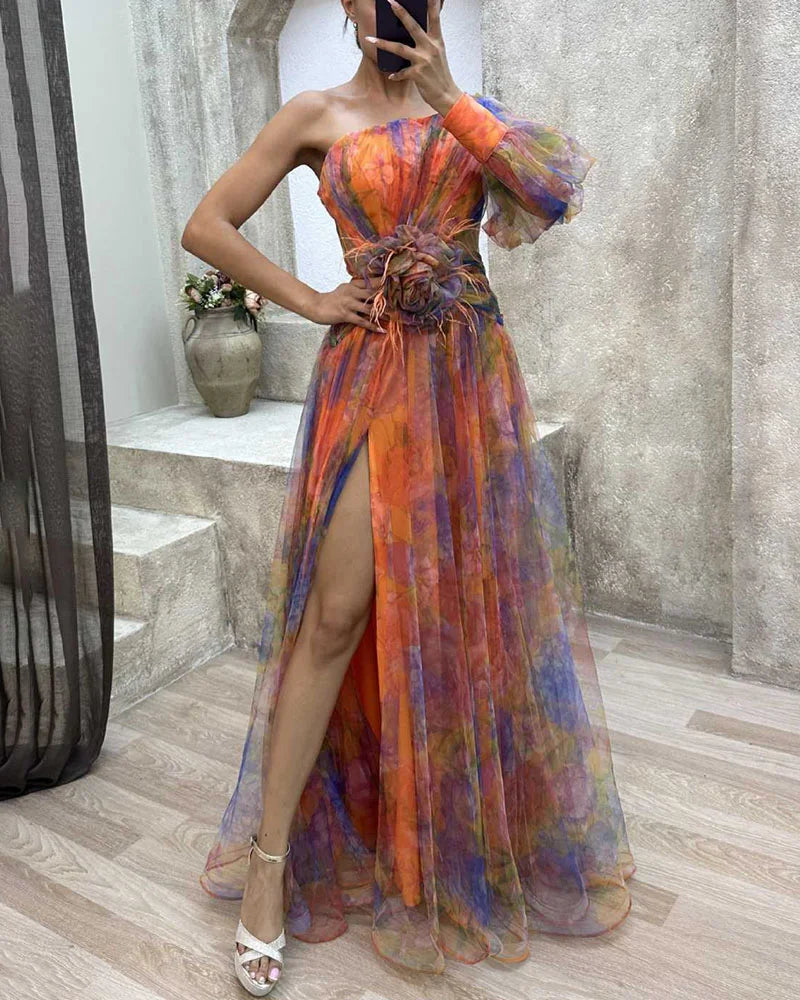 One Shoulder Floral Mesh Puff Sleeve Feather Flower Maxi Gown - View 5