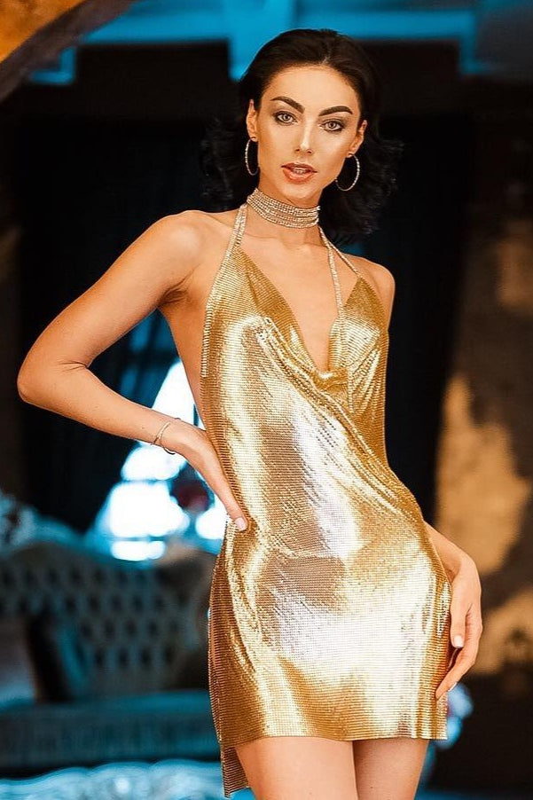 Rhinestone Halter Cowl Neck Backless Slip Mini Dress