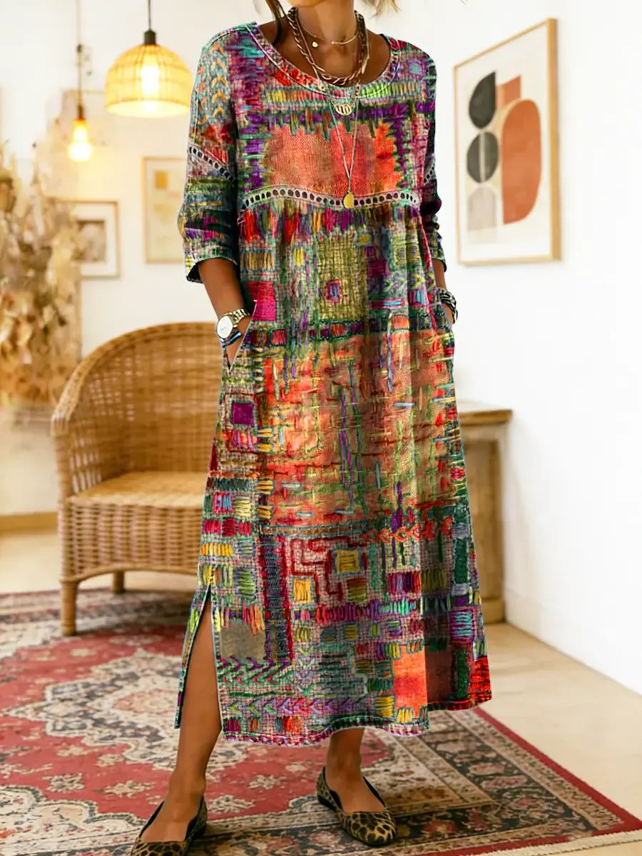 Patchwork Print Round Neck Pocket A-Line Maxi Dress 8