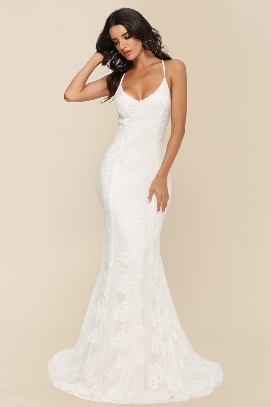 Lace V-Neck Spaghetti Strap Backless Mermaid Gown