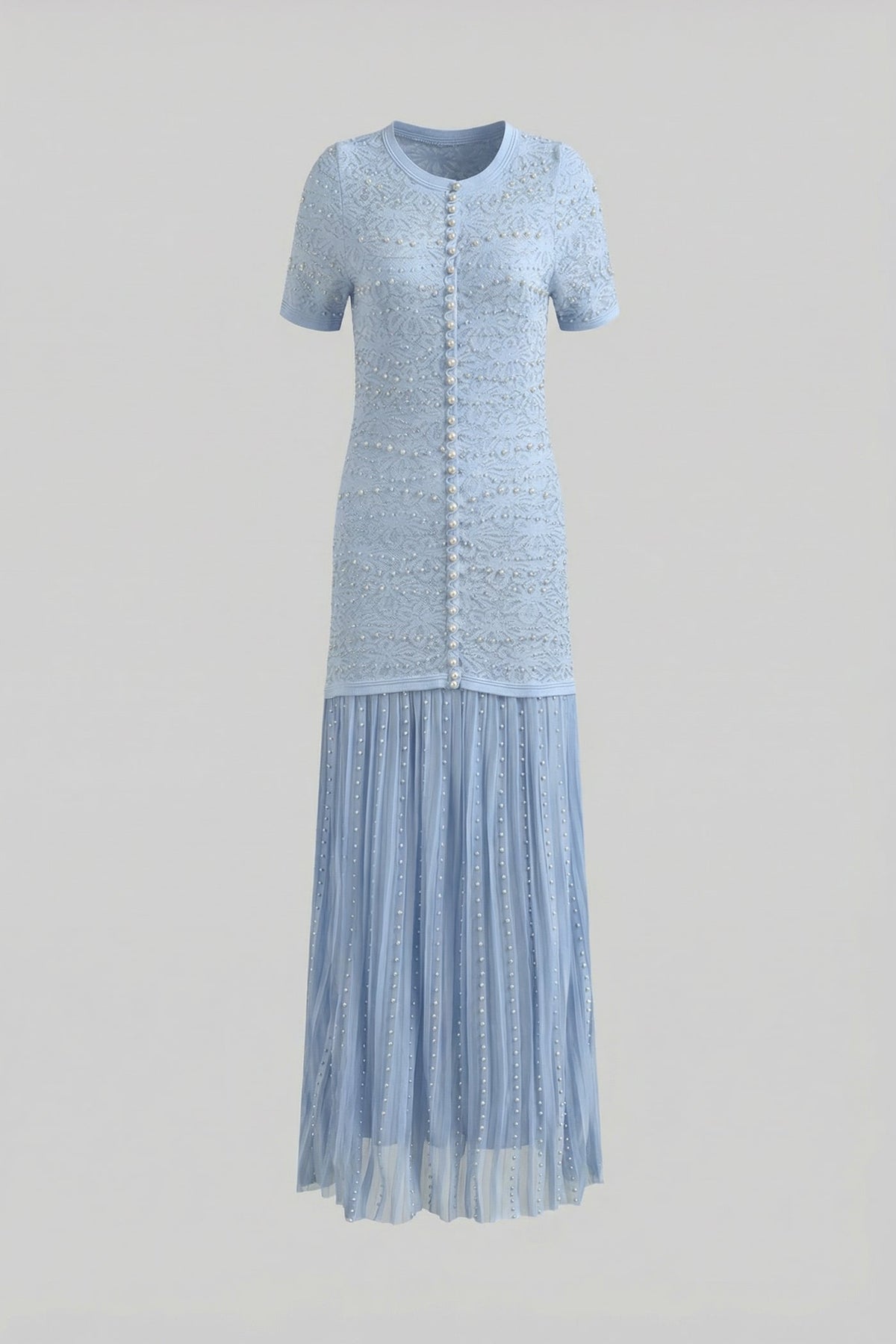 Lace Bead Embellished Round Neck Pearl Button Drop Waist Pleated Maxi Dress - View 8