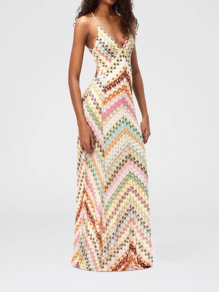 Chevron Knit V-Neck Spaghetti Strap Backless Maxi Dress