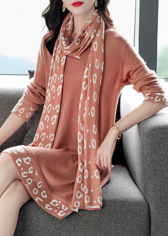 Animal Print Cuff Hem Long Sleeve Knit Dress Scarf Set - View 2