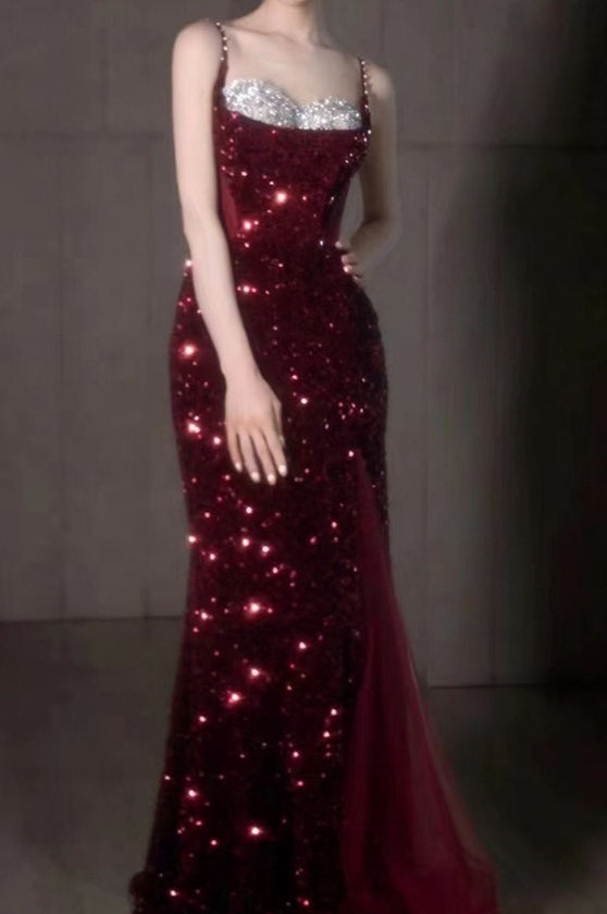 Spaghetti Strap Sequin Beaded High Split Mermaid Prom Gown - View 3