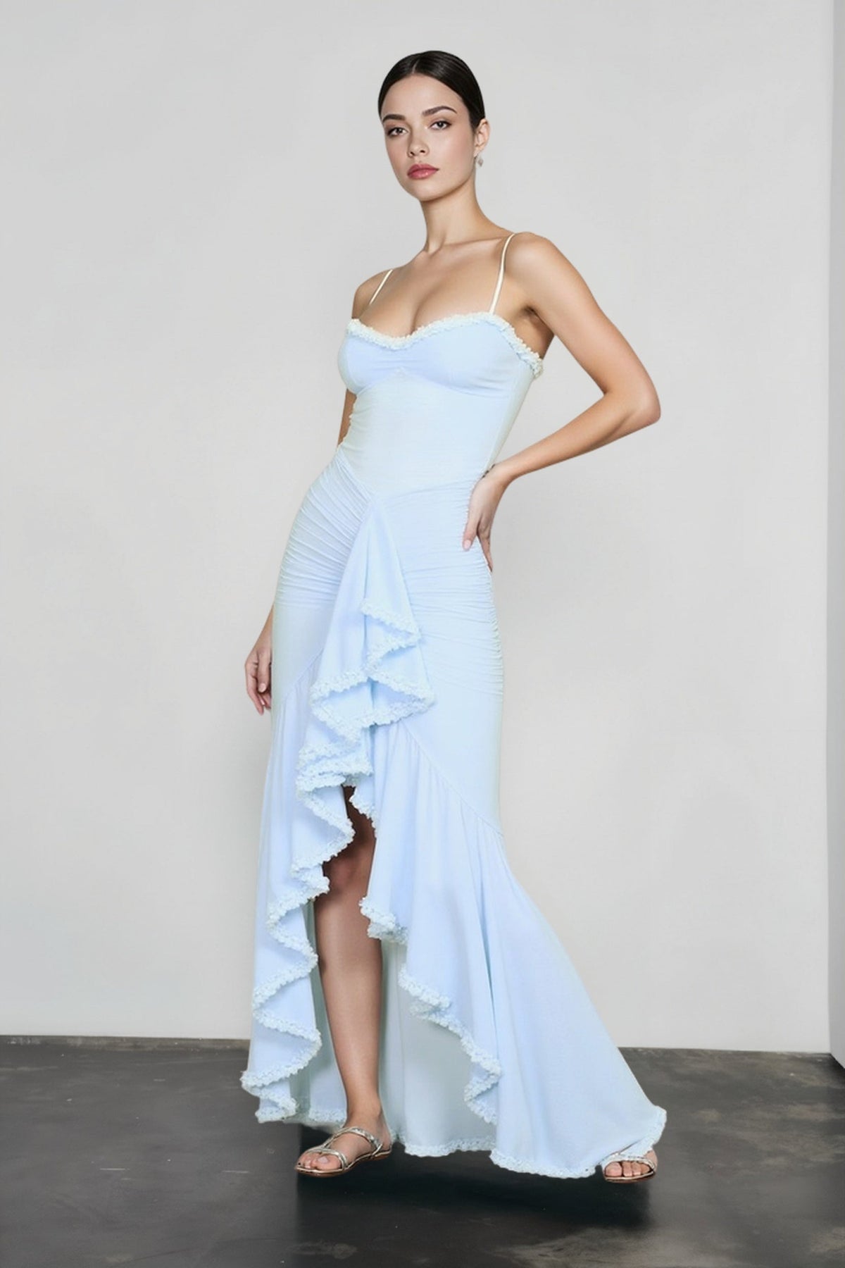 Spaghetti Strap Sweetheart Ruched Ruffle Trim Mermaid Gown 4