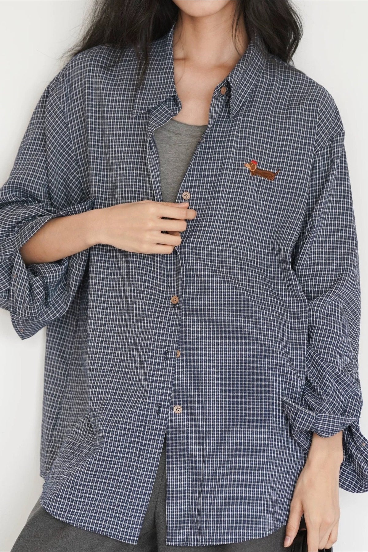 Checked Collared Long Sleeve Dog Embroidered Oversized Shirt 3