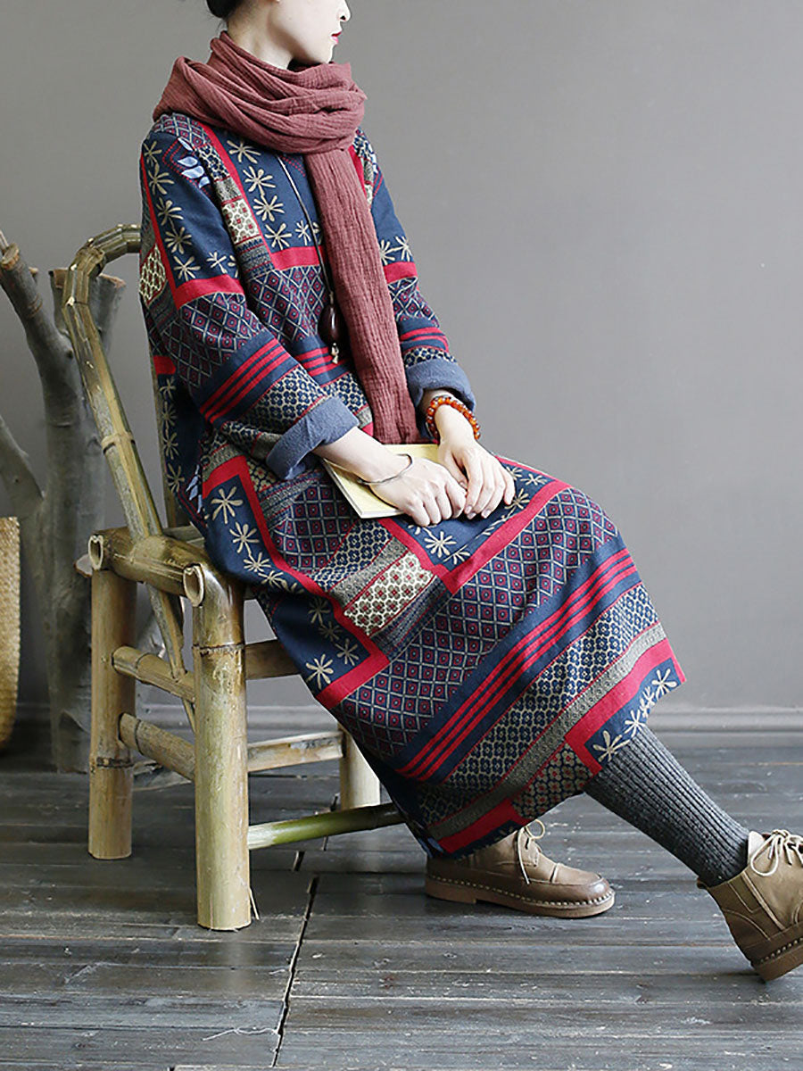 Folk Patchwork Print Long Sleeve Contrast Cuff Crew Neck Maxi Dress - View 7