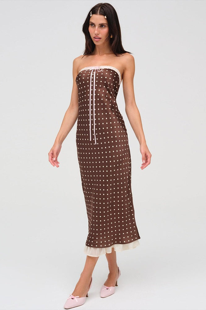 Satin Polka Dot Strapless Backless Maxi Dress in Brown - View 3