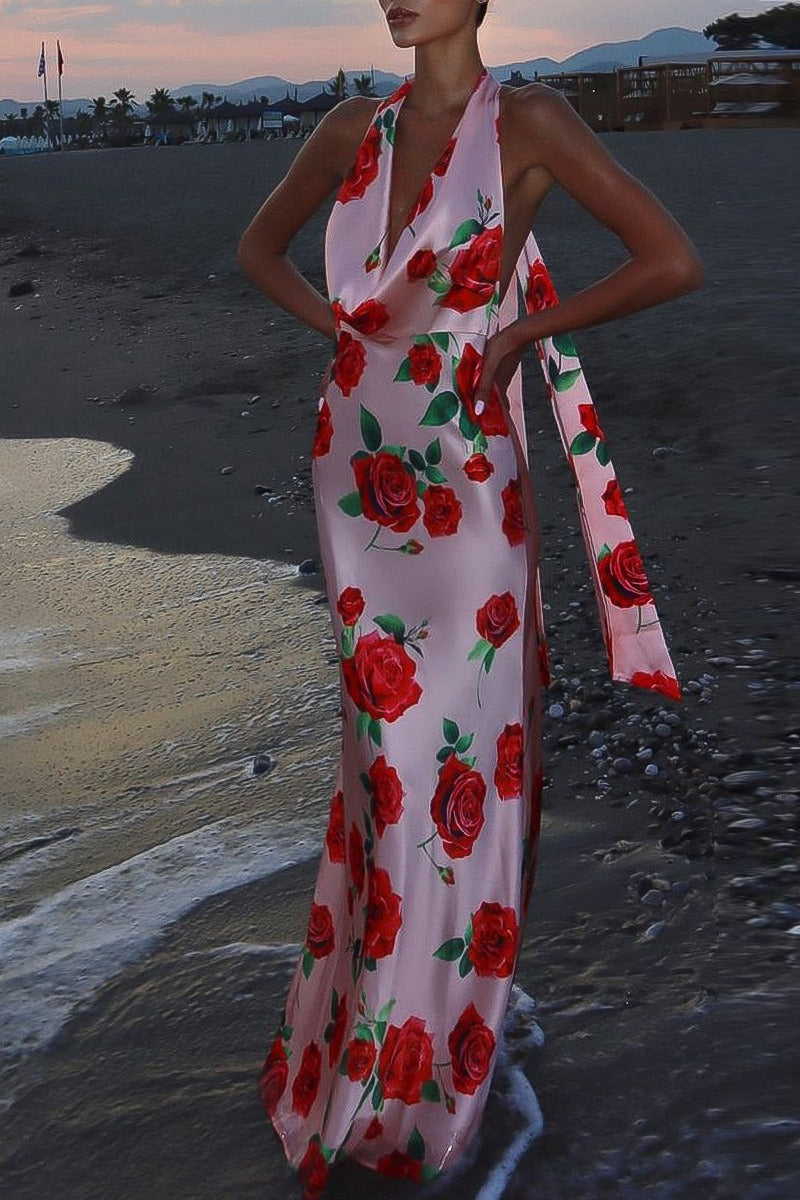Printed Halter Backless Maxi Silk Dress - View 2