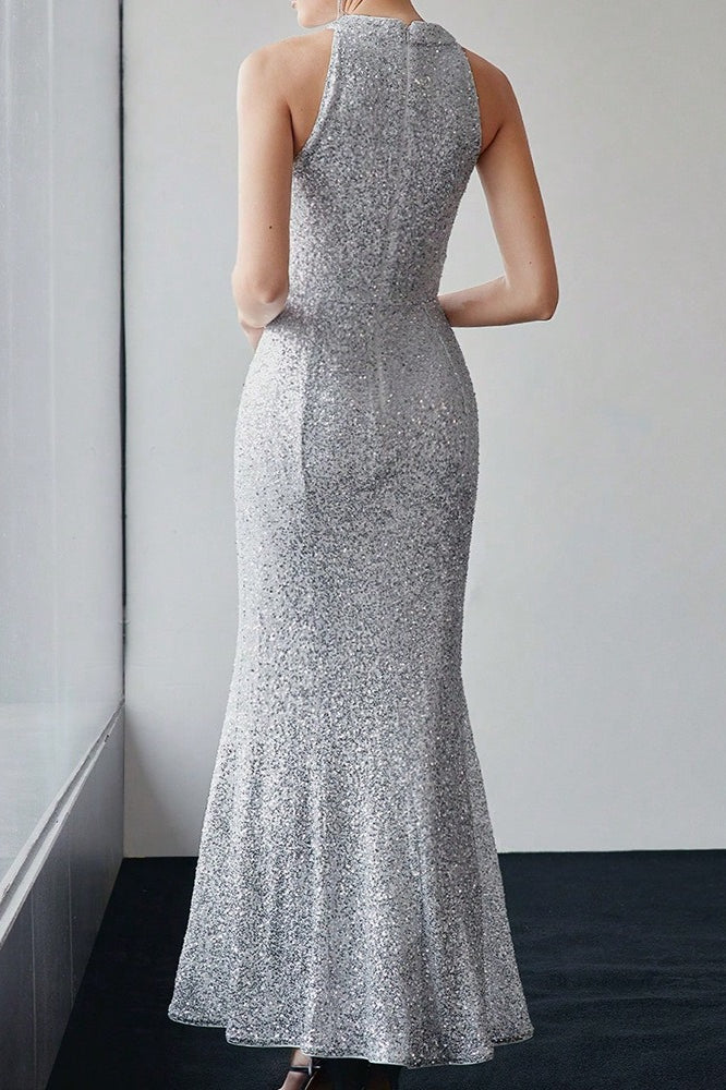 Sequin Halter Neck Rosette Mermaid Maxi Gown - View 2