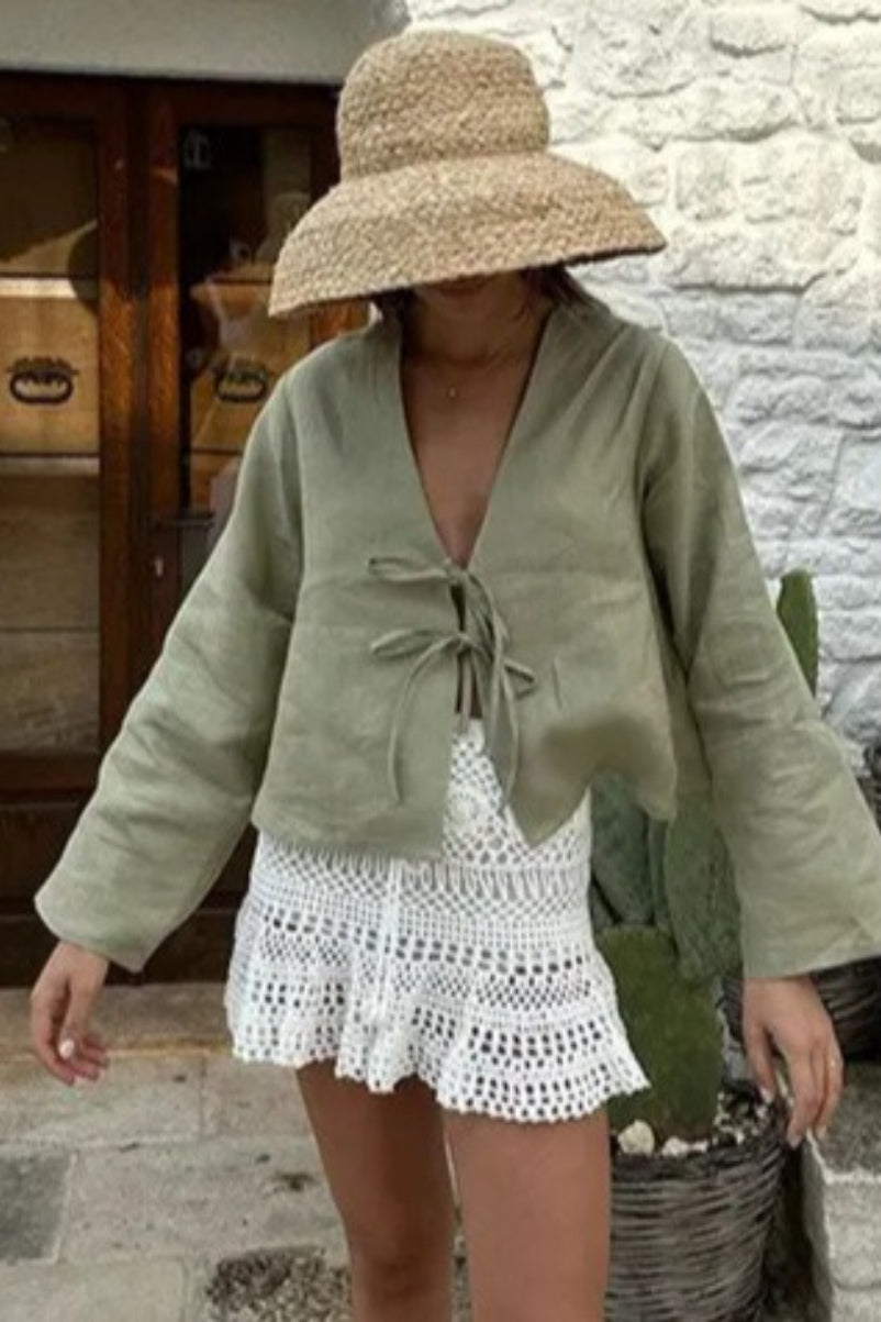Deep V Neck Flare Sleeve Blouse