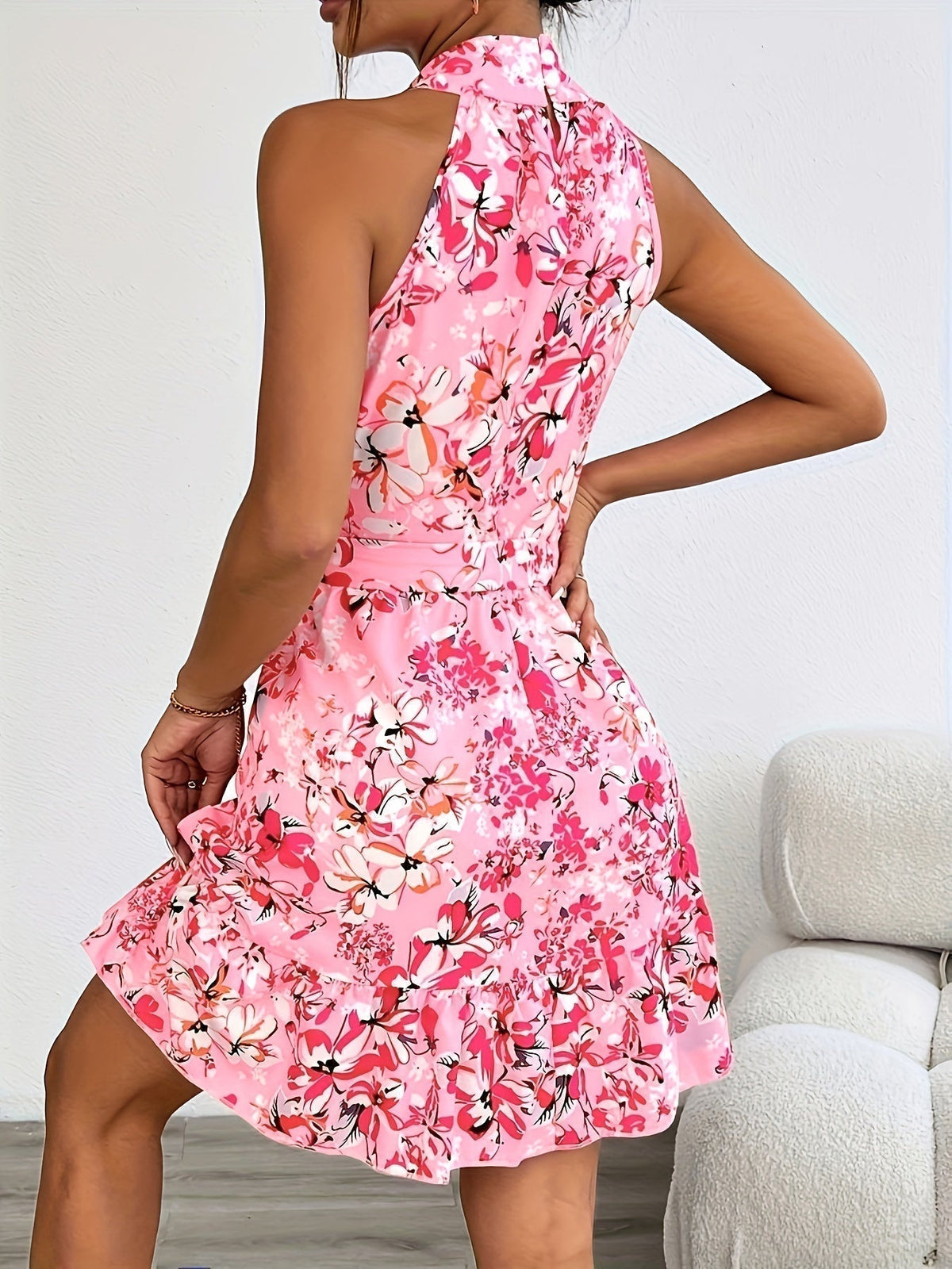 Halter Neck Floral Print Ruffle Hem Mini Cocktail Dress