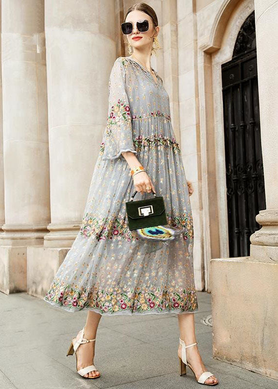 V-Neck Floral Embroidered Tulle Maxi Dress 3