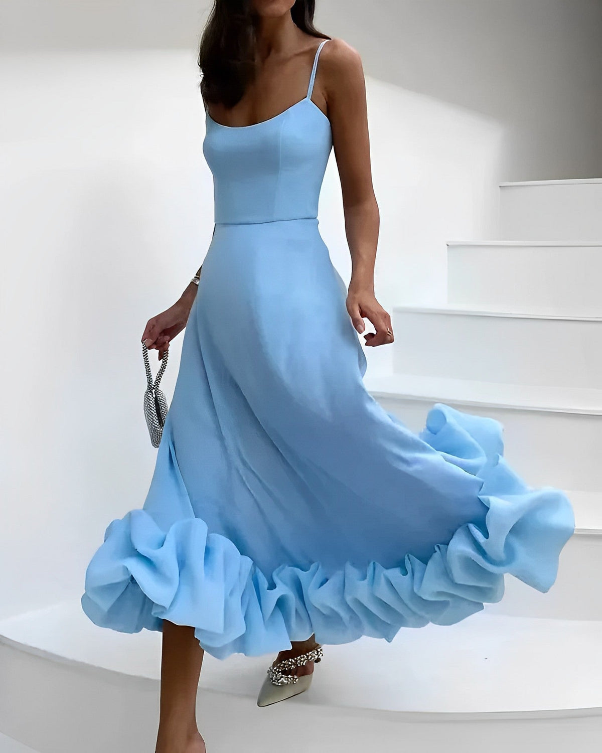 Spaghetti Strap Scoop Neck Puff Ruffle Hem A-Line Maxi Gown - View 3
