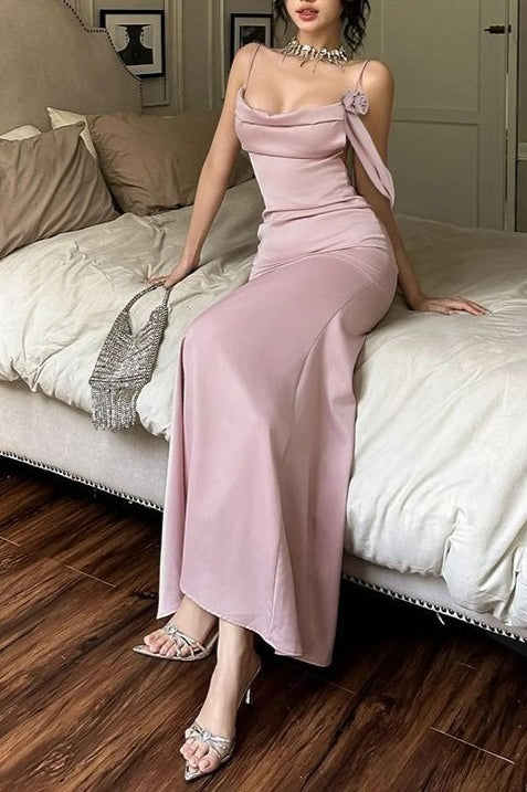 Asymmetrical Neck Satin Cowl Mermaid Gown Silk Dress - View 3