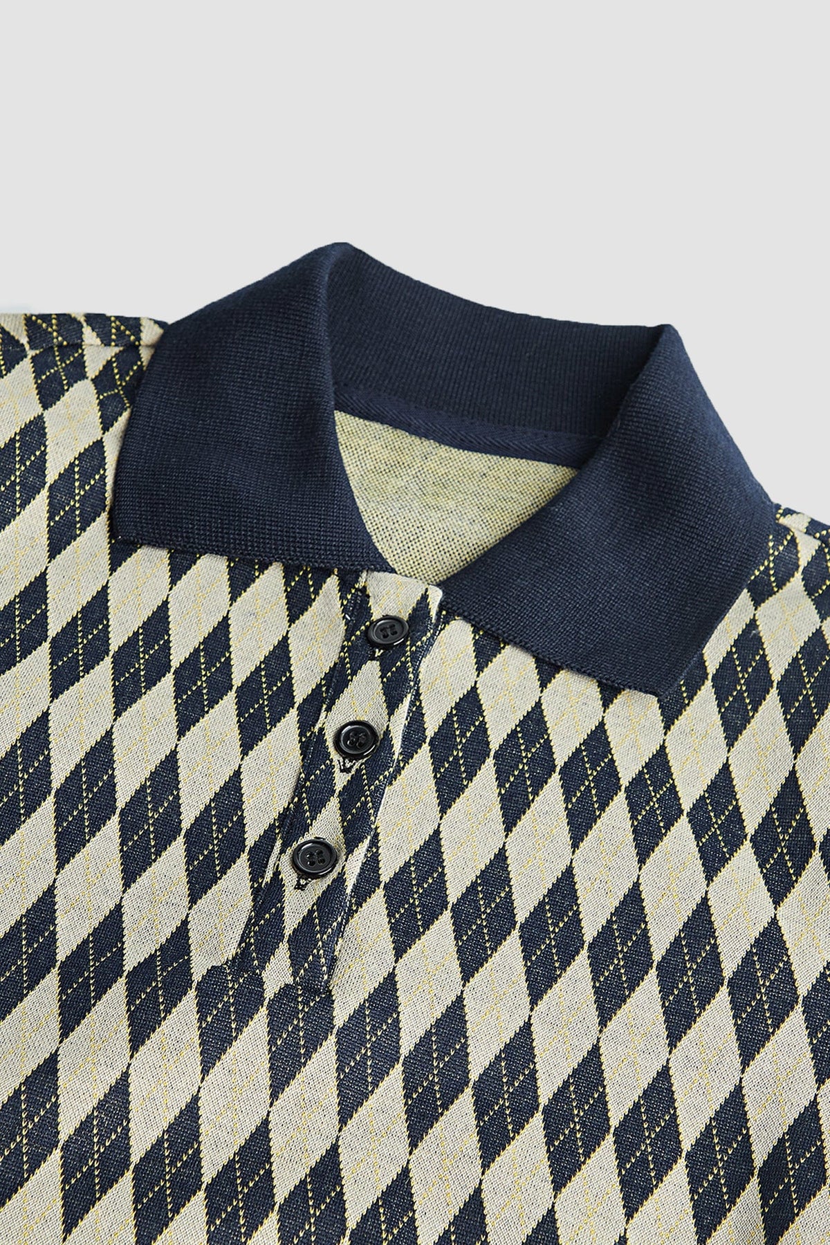 Argyle Knit Polo Collar Puff Sleeve Contrast Trim Mini Dress - View 9