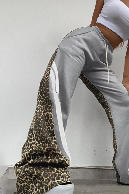 Leopard Print Stripe Color Block High Waist Loose Pants