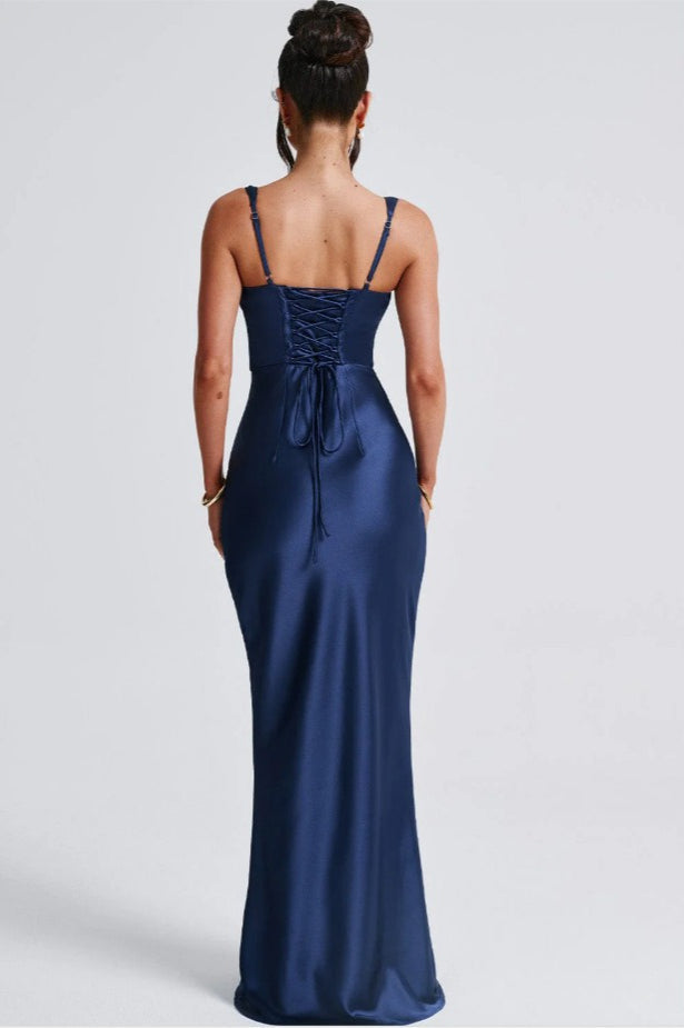 Satin Corset Deep V-Neck Pleated Bust Wide Strap Bodycon Maxi Gown - View 6