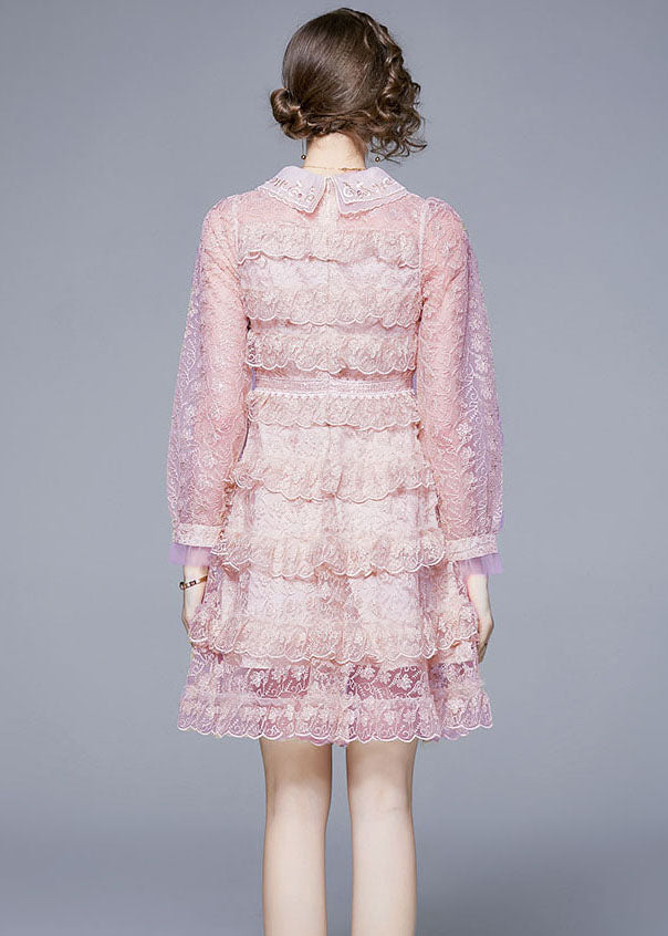Lace Peter Pan Collar Button Front Tiered Ruffle Mini Dress - View 4