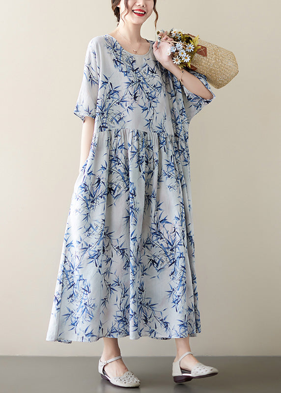 Bamboo Leaf Print Round Neck Empire Waist Pocket A-Line Midi Dress - View 3