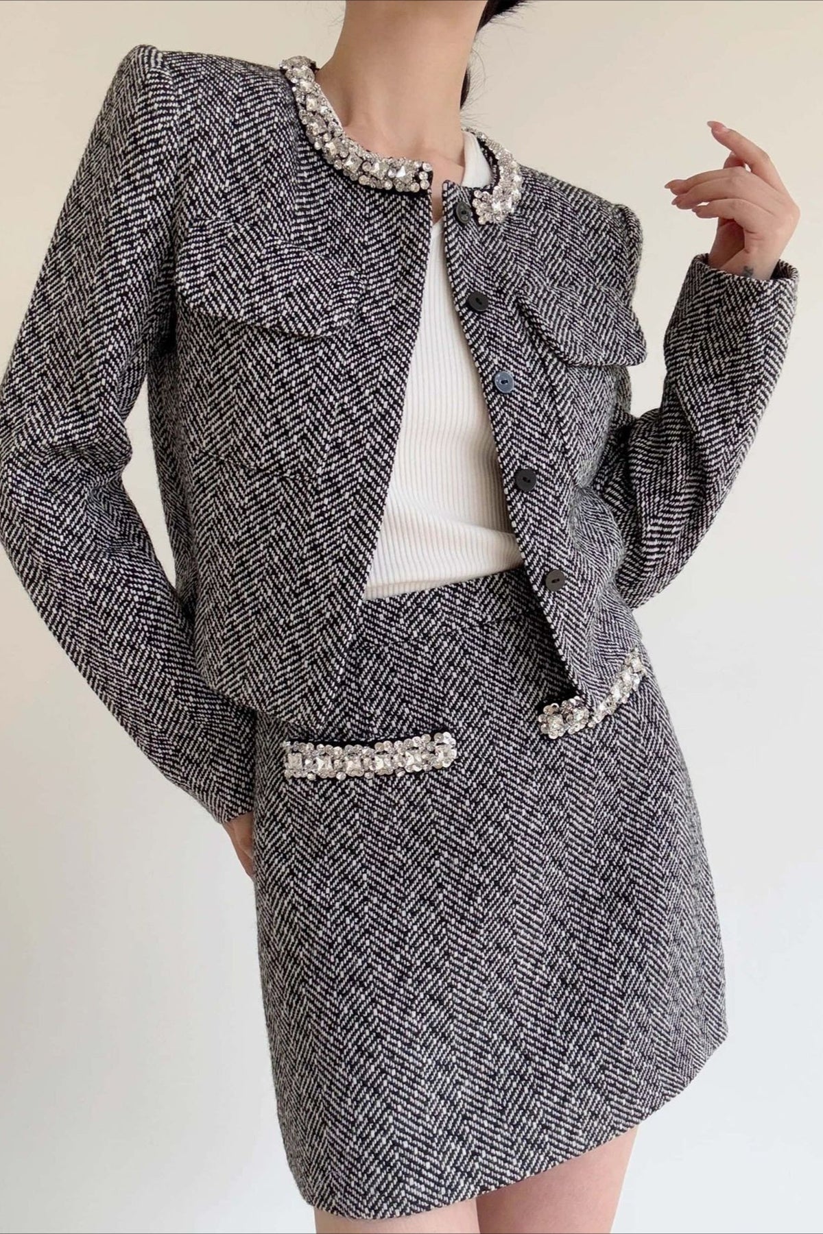 Gray Herringbone Boucle Skirt Tweed Suit Set