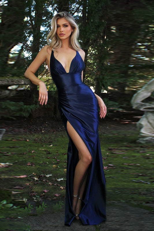 Satin V-Neck Slit Party Dress