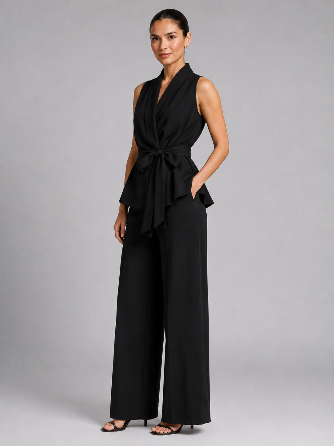Sleeveless Shawl Collar Wrap Top and Wide Leg Pants Two Piece Set 3