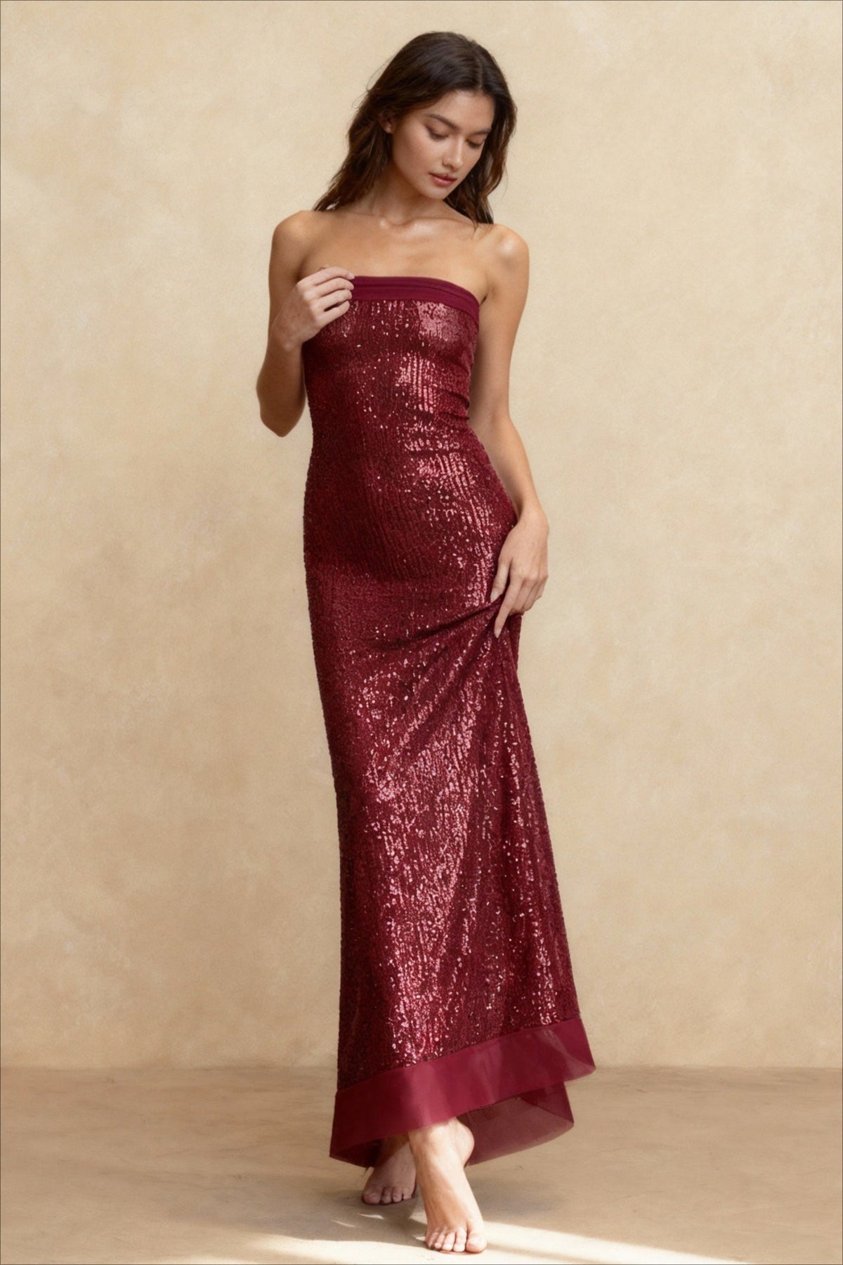 Elegant Bandeau Slim Split Backless Maxi Sequin Dress - View 5