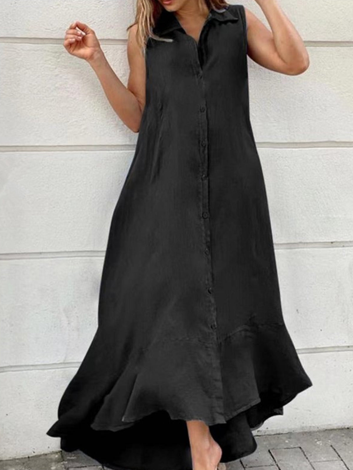 Sleeveless Collar Button Front Ruffle High Low Hem Maxi Dress - View 2