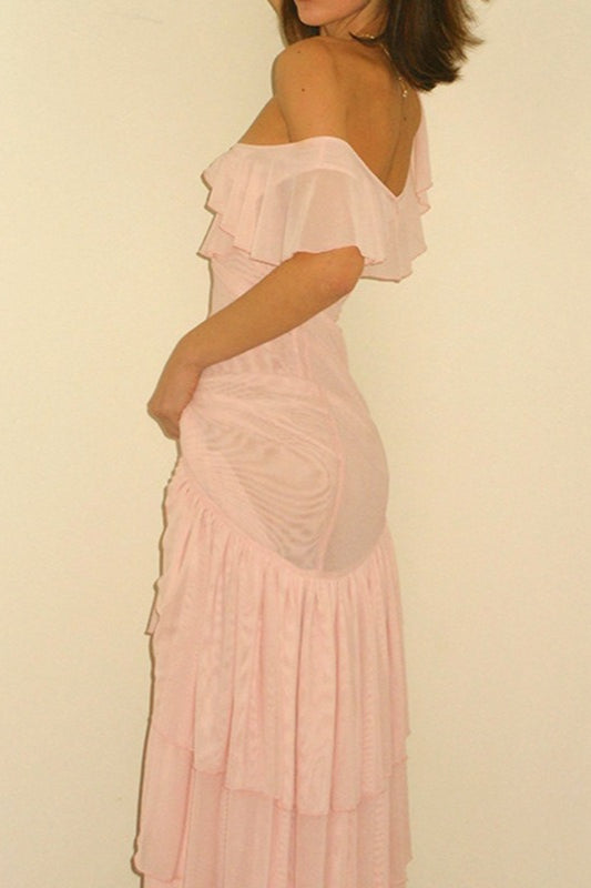 One Shoulder Ruffle High Split Tiered Maxi Dress - View 6