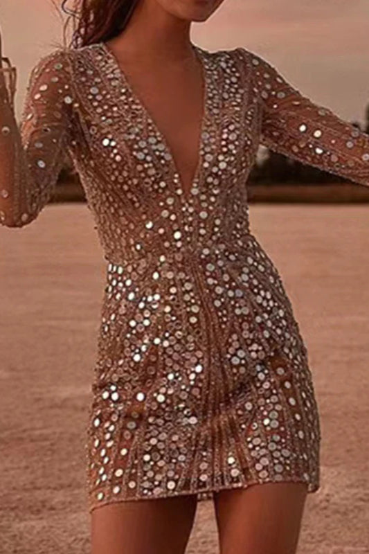 Sequin Deep V-Neck Midi Dress - View 2