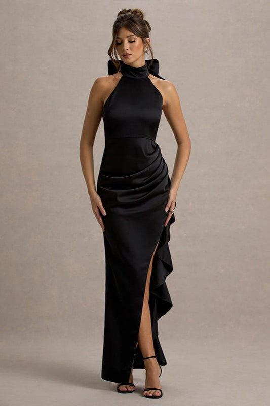 Satin High Neck Bow Back Ruched Ruffle High Split Gown - View 2