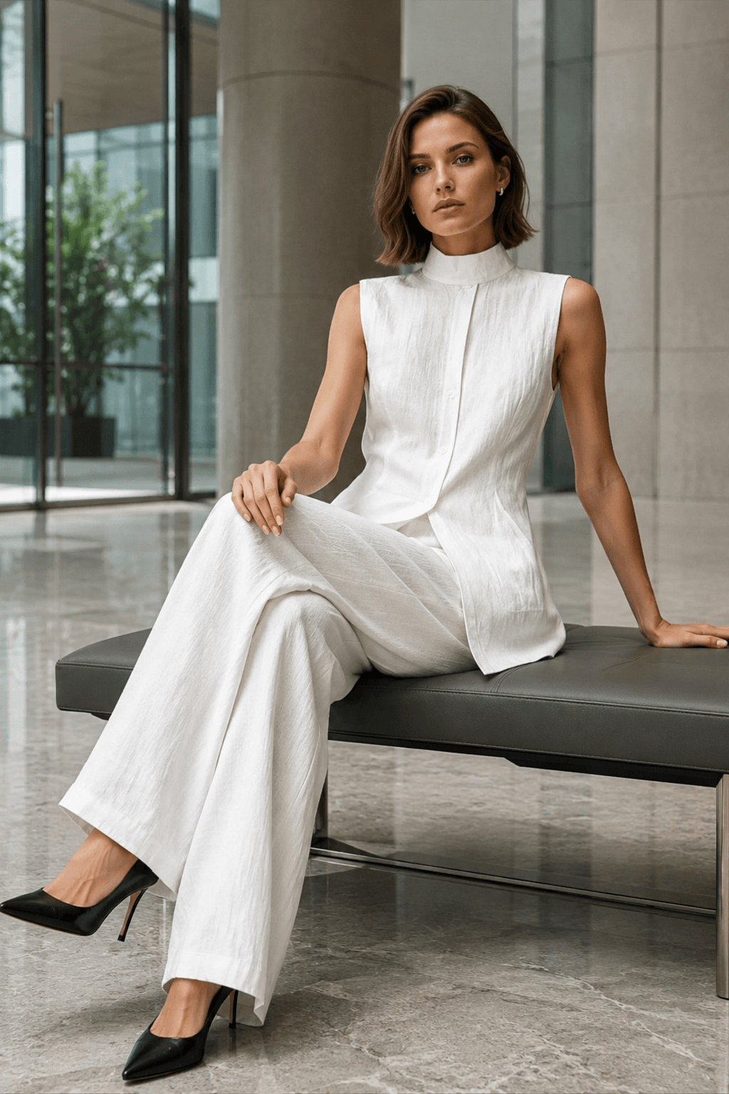 Drape Sleeveless Shirt Two Piece Work Set