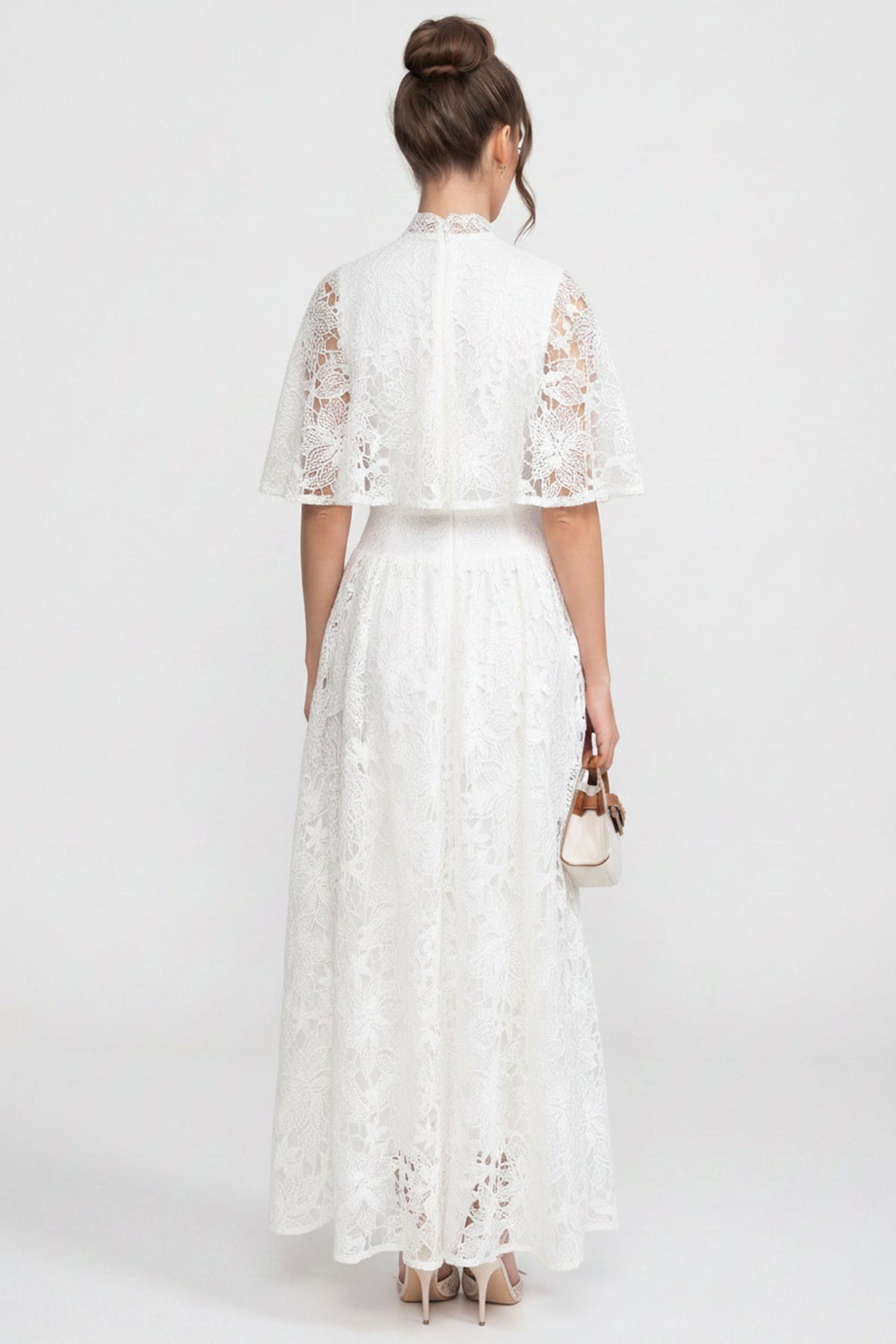 Short-Sleeve Floral Lace Maxi Dress With 3D Bow Detail - White - View 5