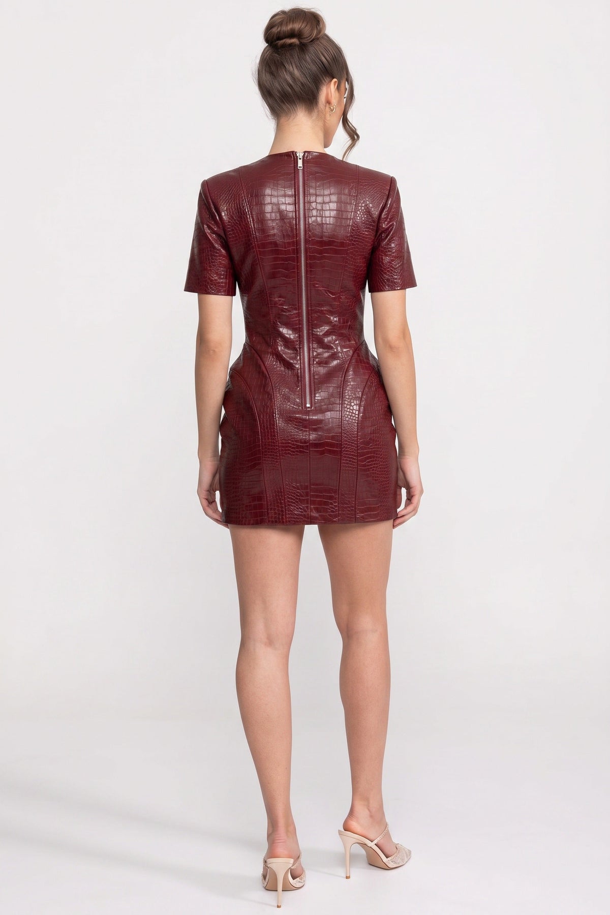 Faux Leather Croc Embossed Sweetheart Neck Padded Mini Dress - View 4