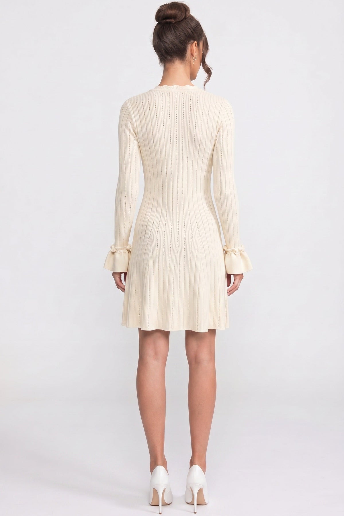 Long-Sleeve V-Neck Knit Mini Dress - Ivoire - View 4