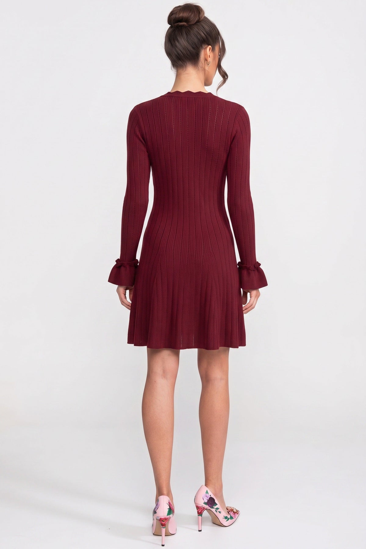 Long-Sleeve V-Neck Knit Mini Dress - Burgundy - View 5