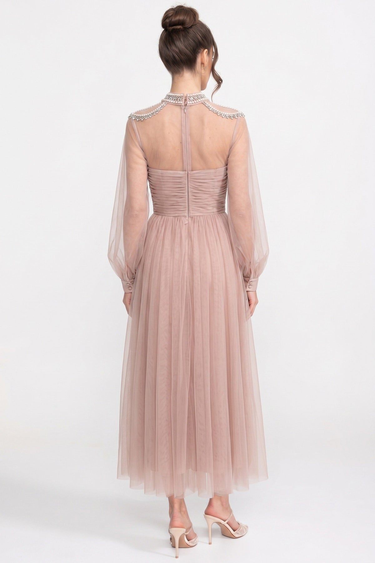 Pearl Collar Mesh Yoke Cut Out Crystal Beaded Maxi Gown - View 5