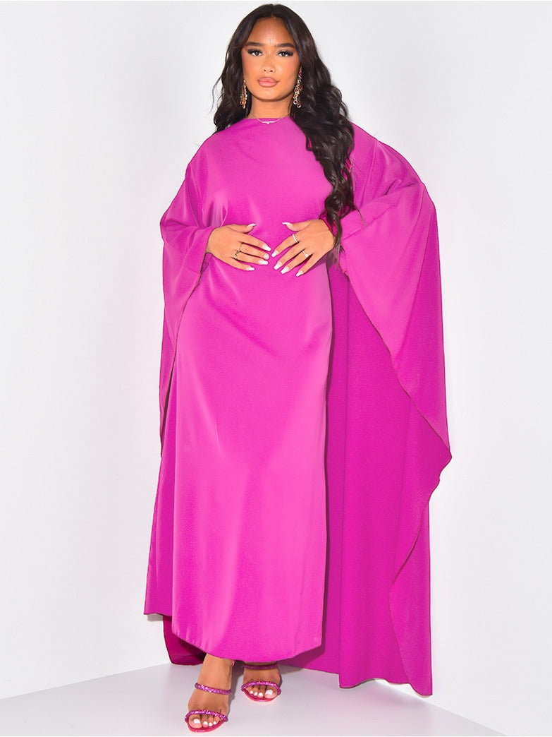 Pleated Satin Wide Sleeve High Neck Loose Kaftan Maxi Gown - View 5