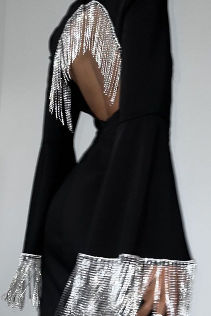 Rhinestone Fringe Bell Sleeve Square Neck Bodycon Mini Cocktail Dress - View 3